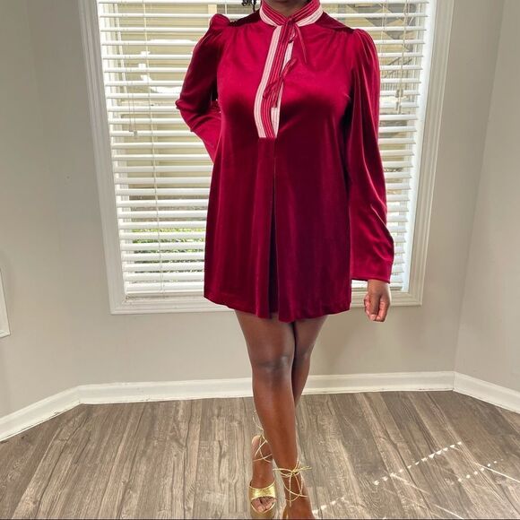 VINTAGE Barad & Co Velvet Velour Nightgown Tie Neck Puff Shoulder Mini Dress - Picture 10 of 16
